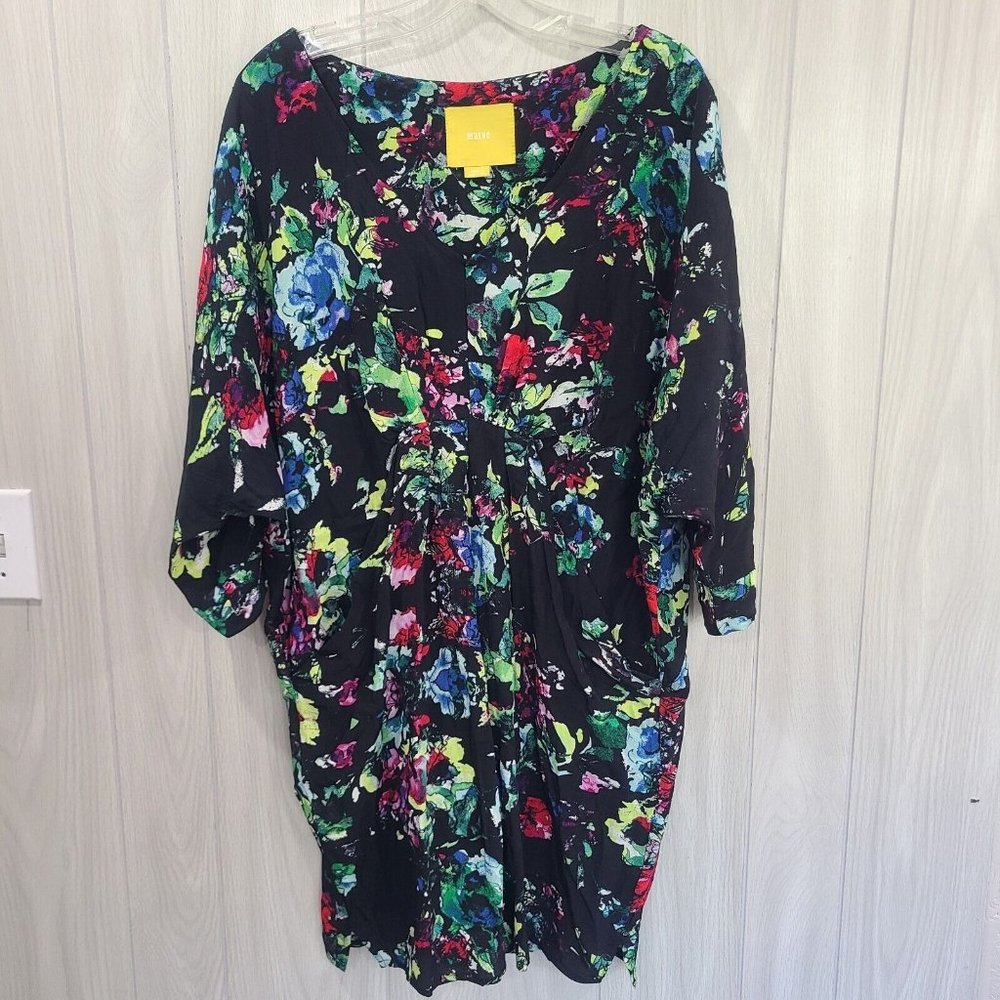 Anthropologie Maeve Black Green Floral Dress 1/2 Sleeve Dress Pocket Size S